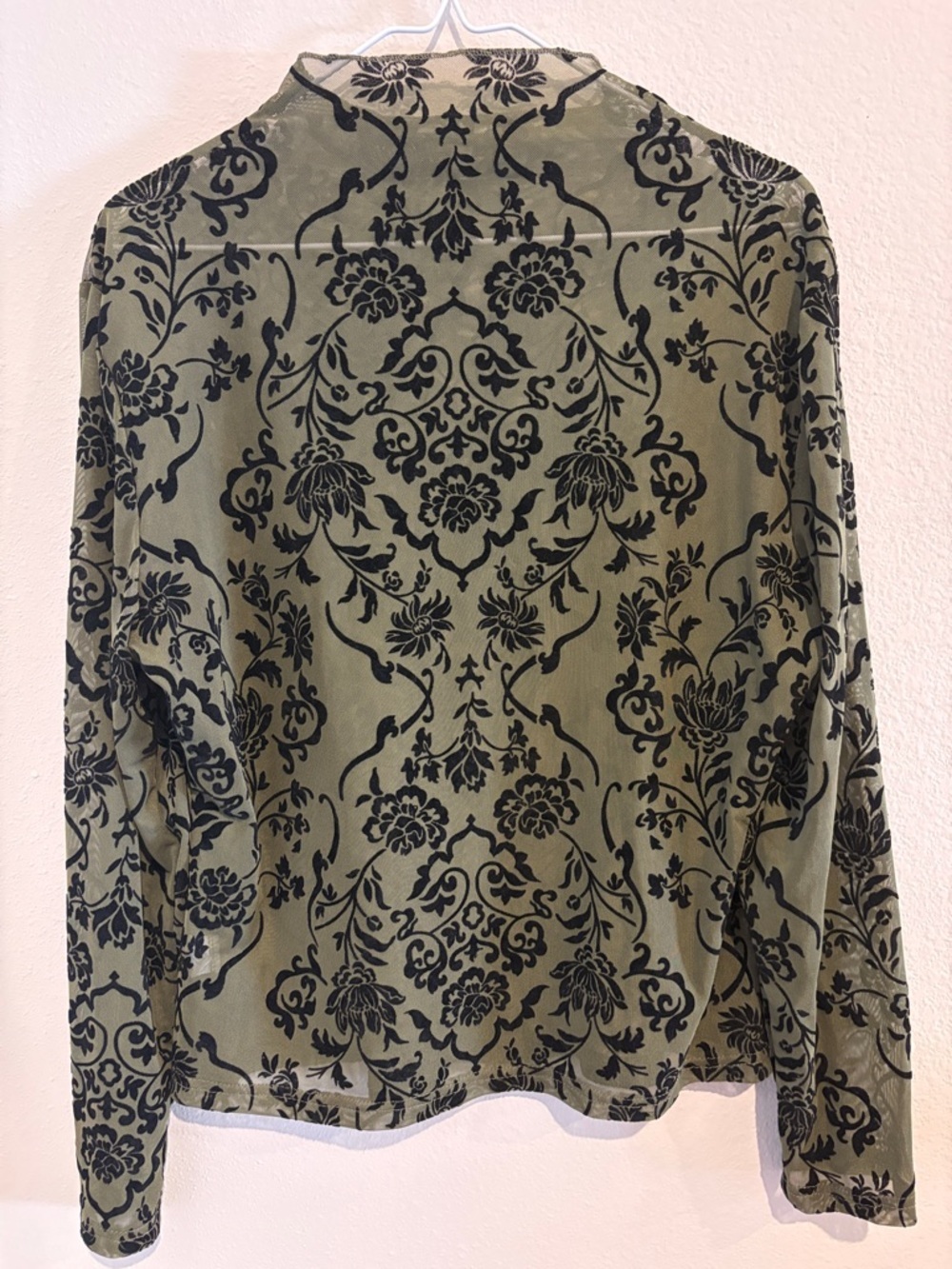 Floral Patterned green mesh and black velvet sheer Long Sleeve Top